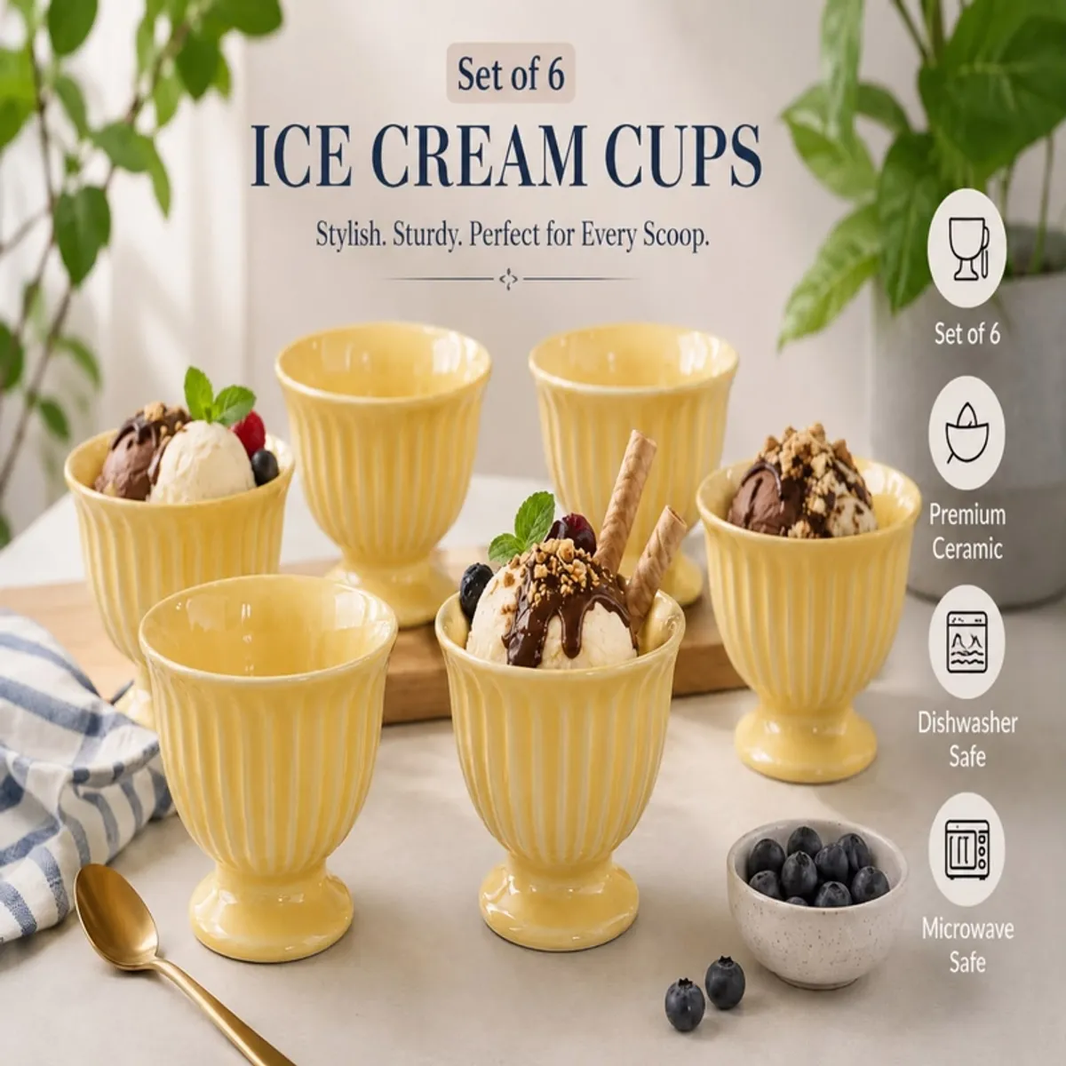 Yellow footed ice cream cups filled with desserts in a dining setting