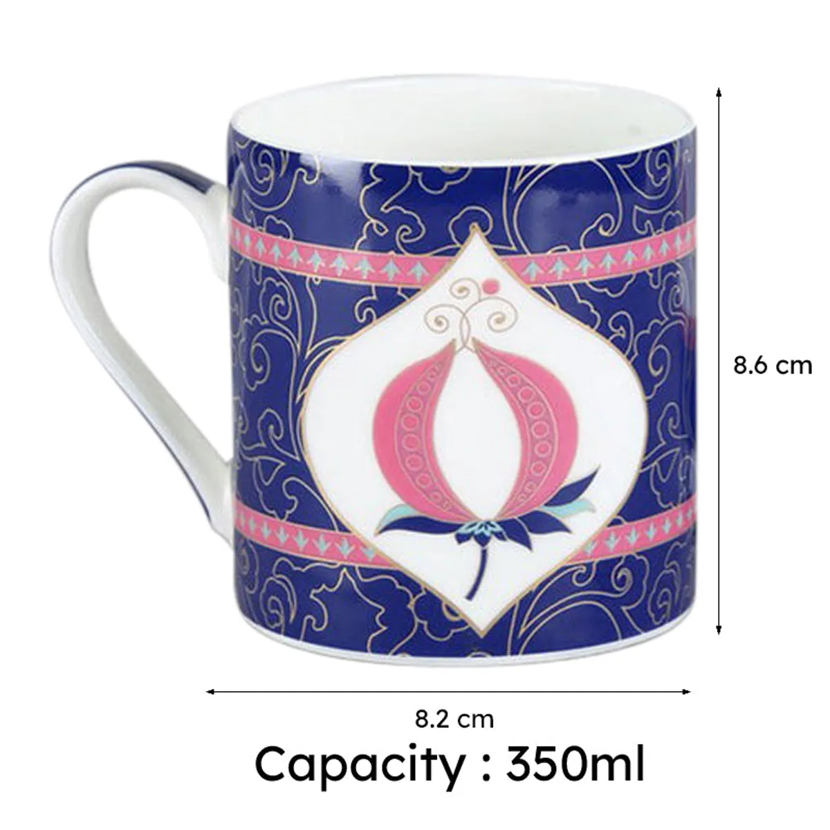 Blue pomegranate coffee mug showing 8.2 cm width and 8.6 cm height