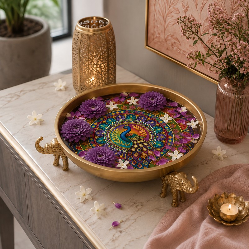 Peacock Mandala Metal Urli - Title