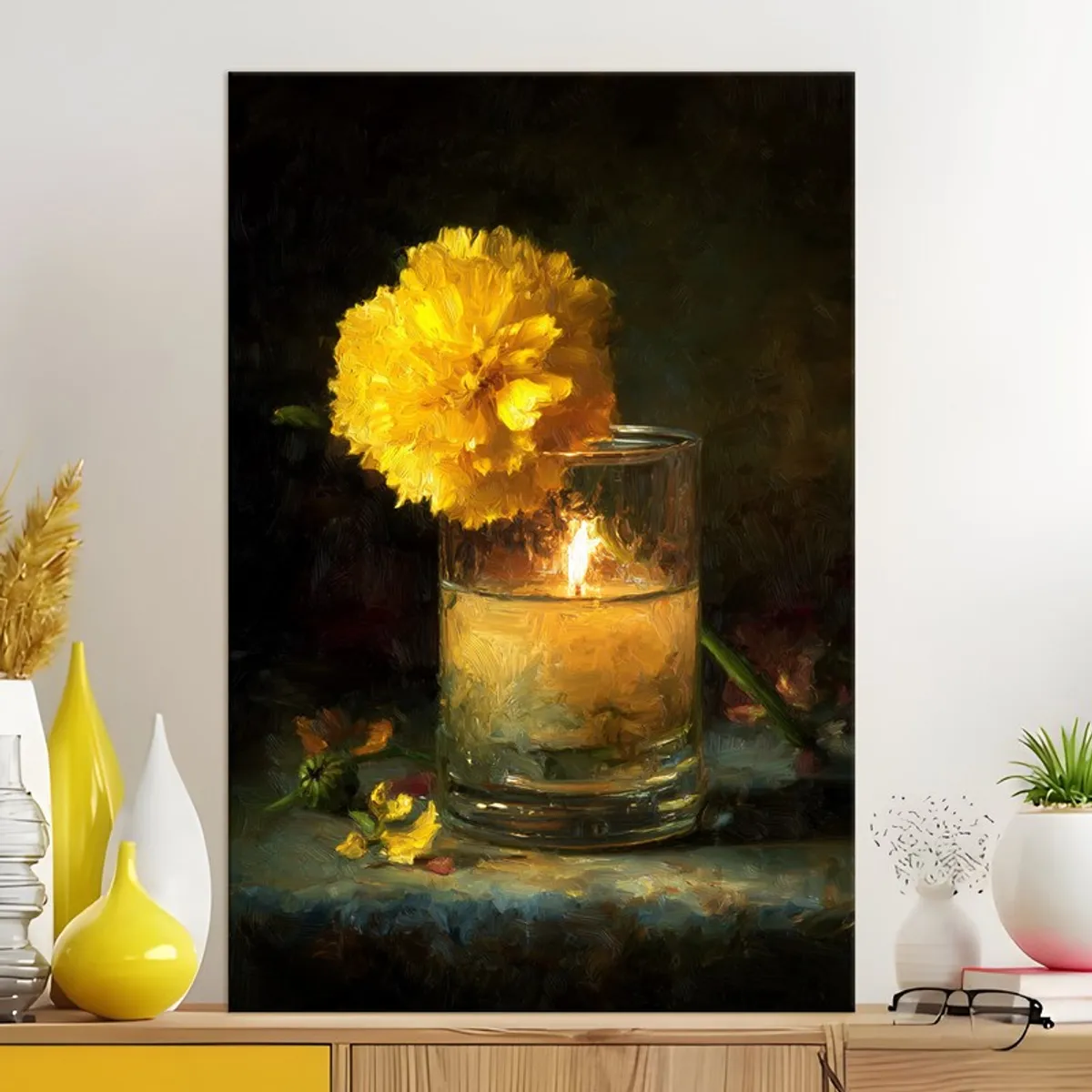 Candle and yellow flower canvas wall painting styled above a console