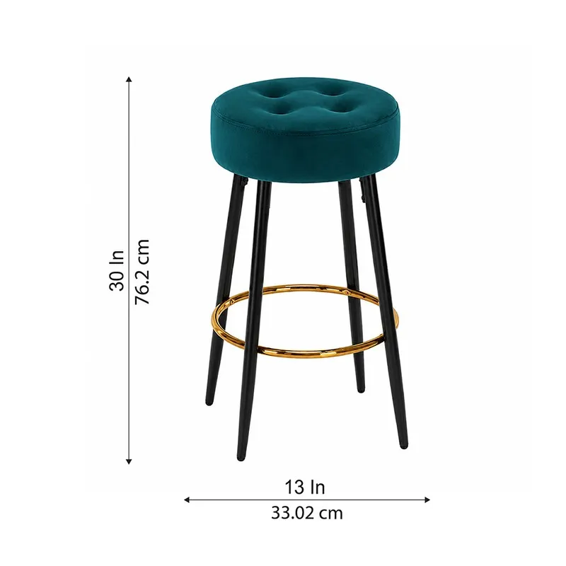 Teal round bar stool with dimension arrows on a white background