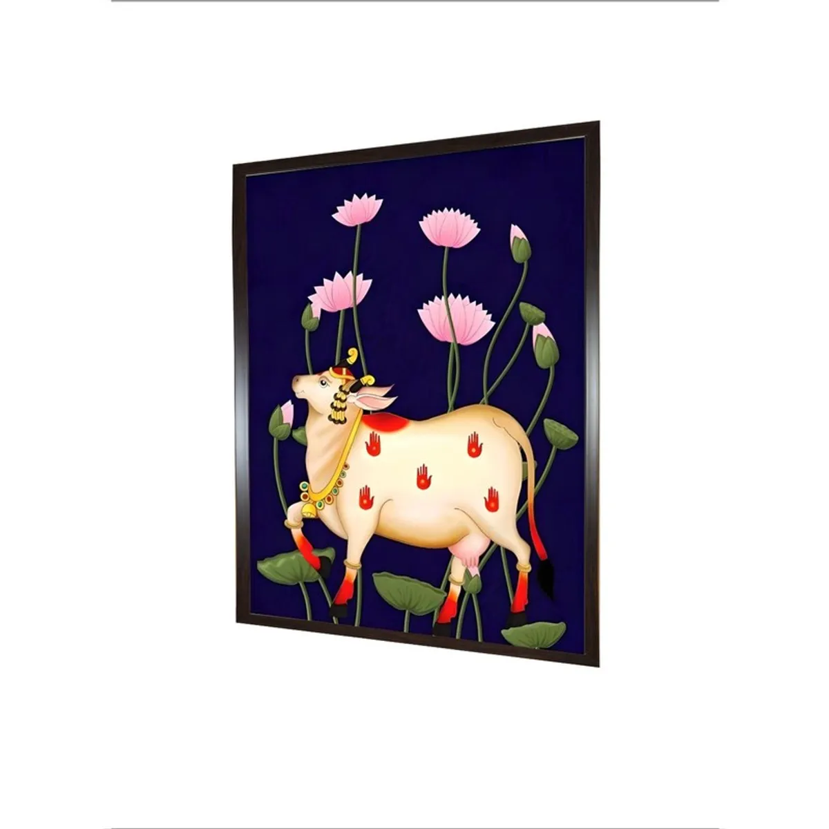 Angled view of rectangular framed divine cow and lotus canvas wall painting