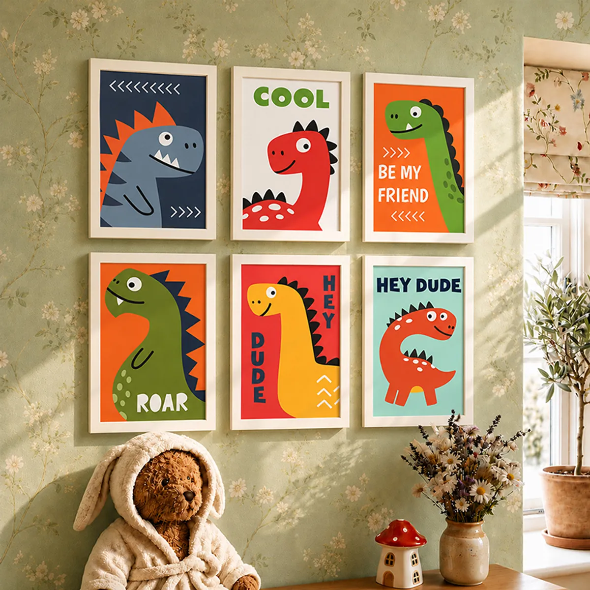 Six framed dinosaur wall prints on a floral wallpapered wall beside a bright window