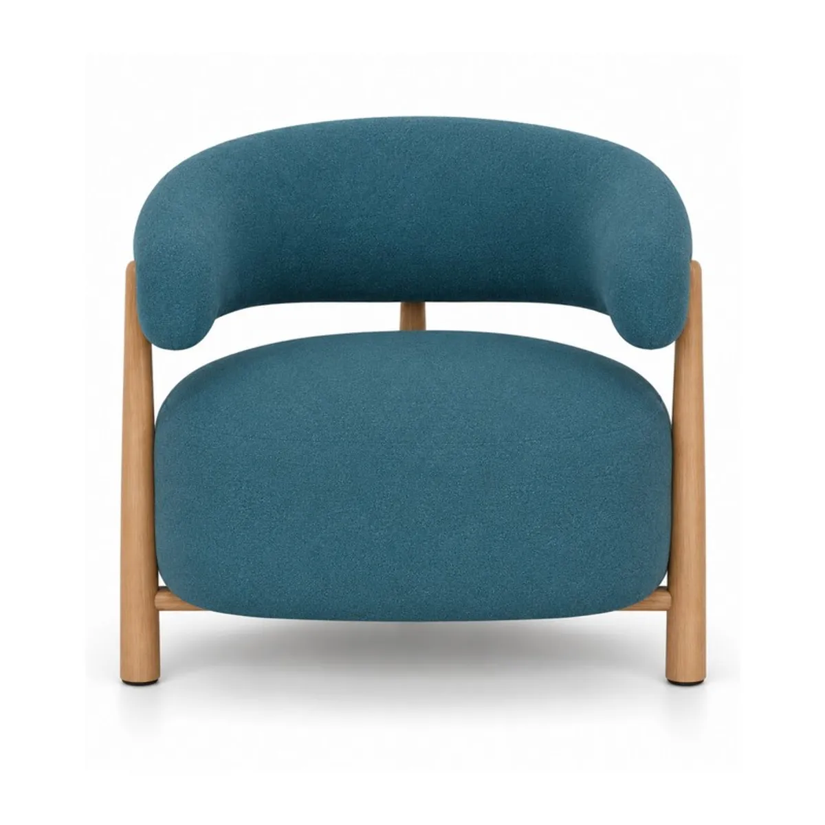 Front view of a blue suede accent chair with teak wood legs