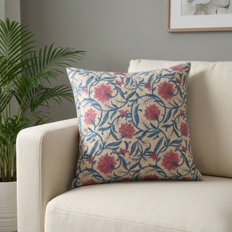 Floral Mood Printed Cotton Cushion Cover - Blue,Pink