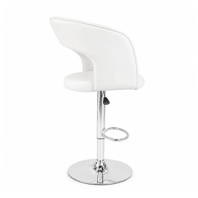 Rear angled view of white bar chair with chrome pedestal base