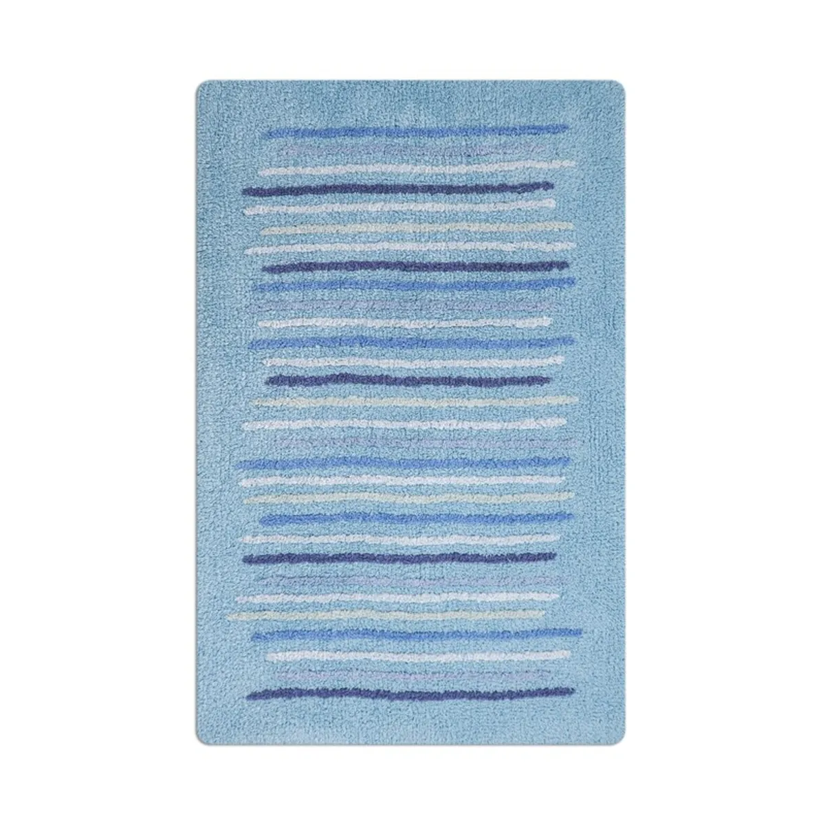 Top view of a rectangular blue bath mat with irregular horizontal stripes