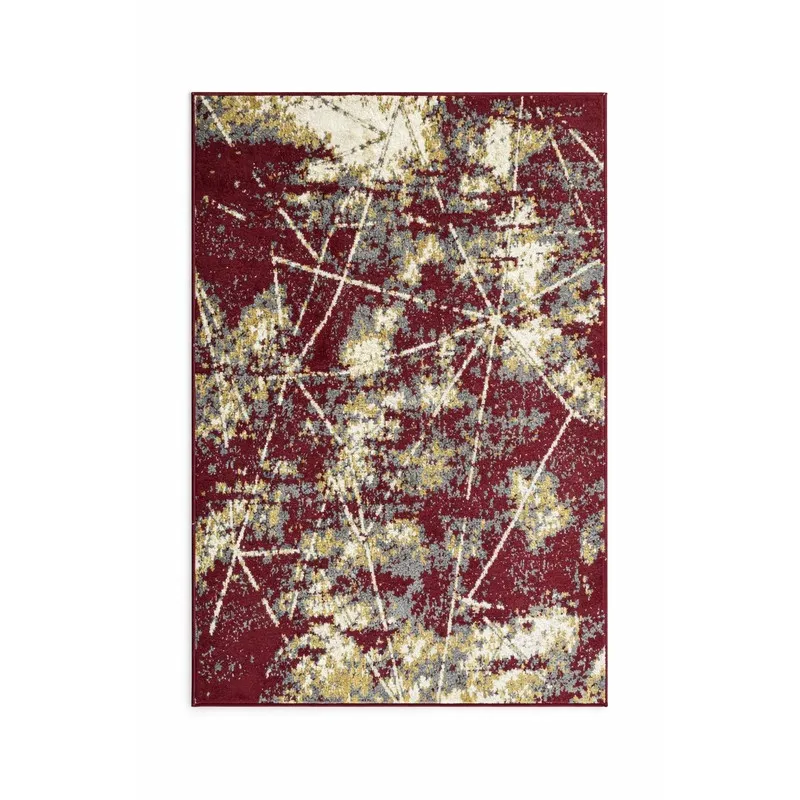 Rectangular maroon carpet with abstract beige and grey pattern