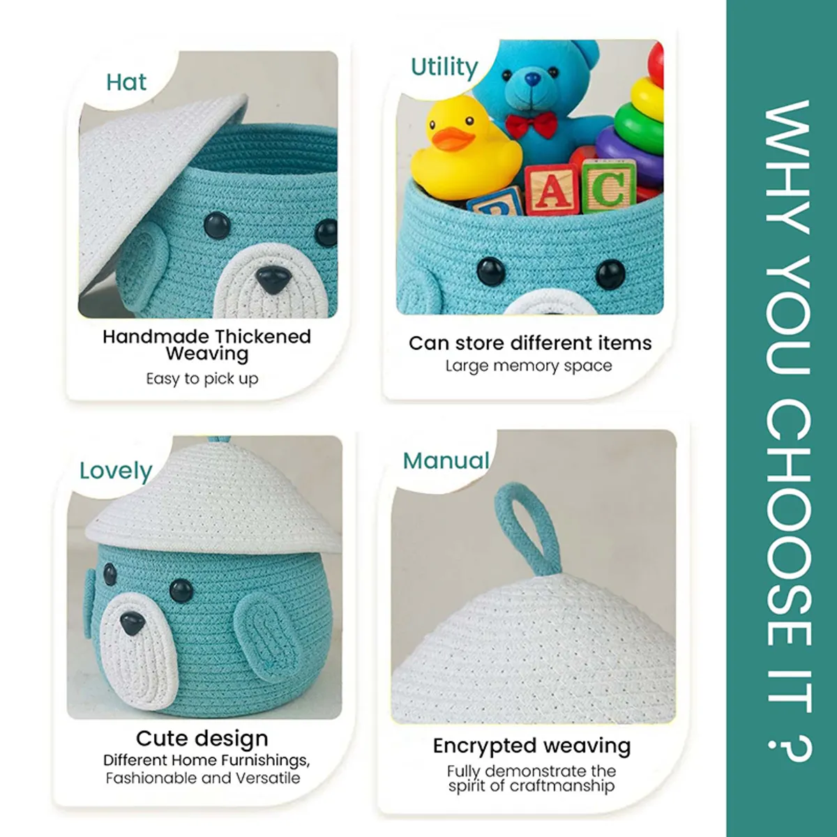 Product collage showing the animal-face basket, lid and woven texture details