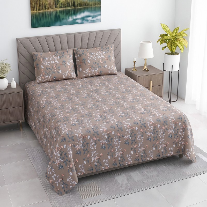 Petal Serenade Cotton Bedsheet (Brown) - 400 TC - King