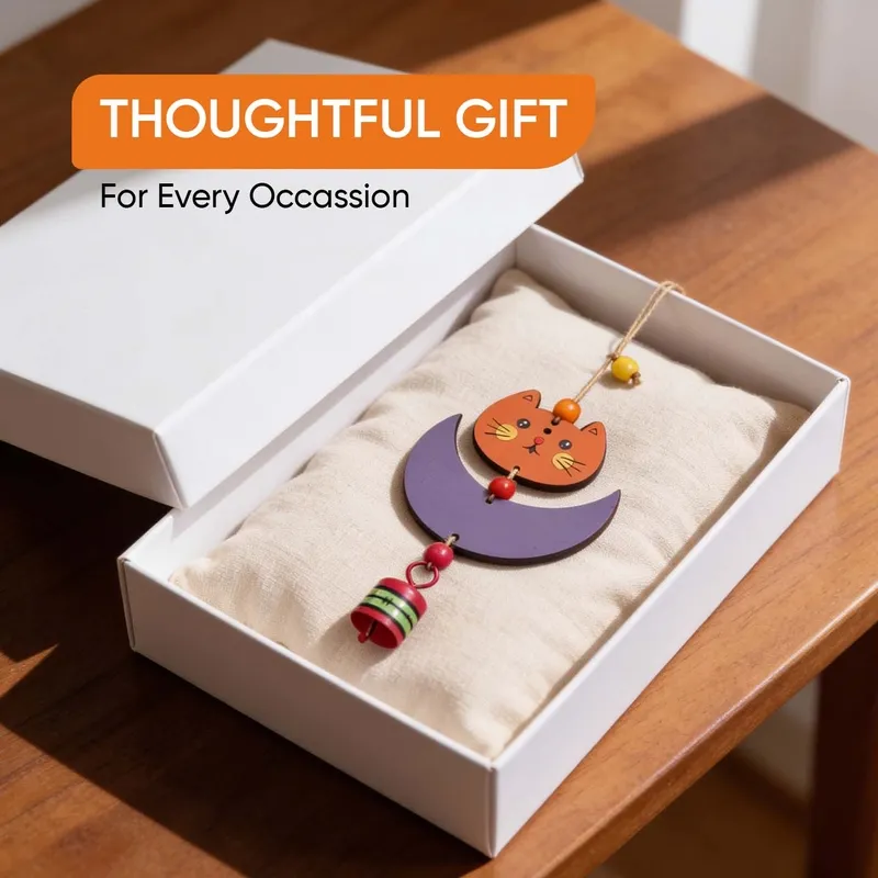 Cat windchime displayed in an open gift box on a wooden table.