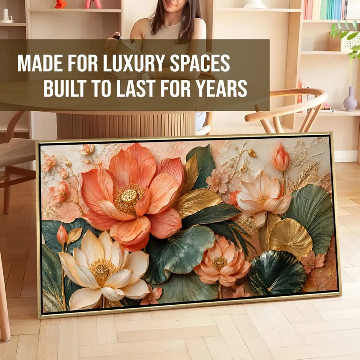 Large framed lotus painting leaning against a wall in a room