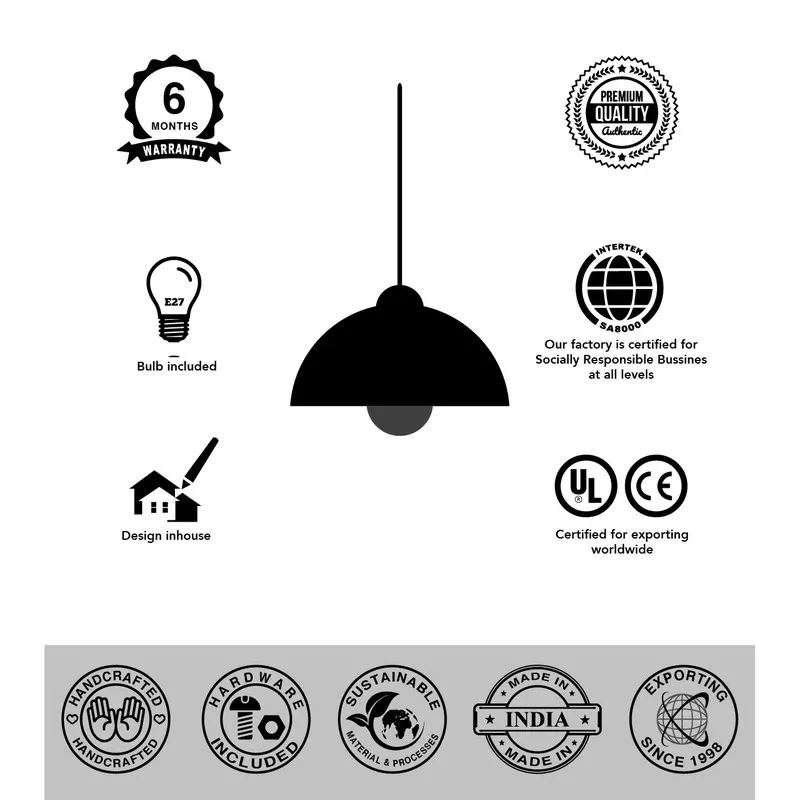 Pendant lamp infographic with bulb included and certification icons