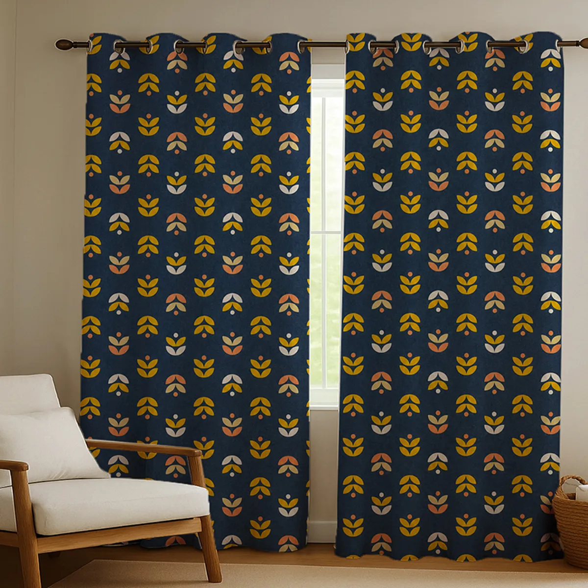 Blue floral eyelet curtains styled over a window