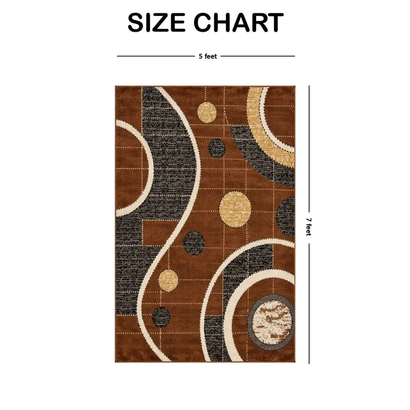 Rectangular abstract carpet shown with a size chart layout