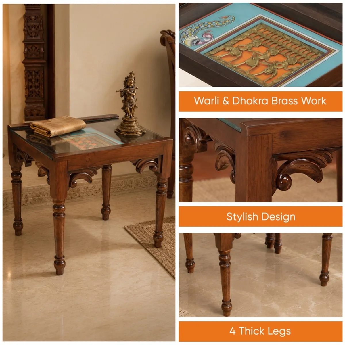 Brown side table with square top and turned legs, styled indoors