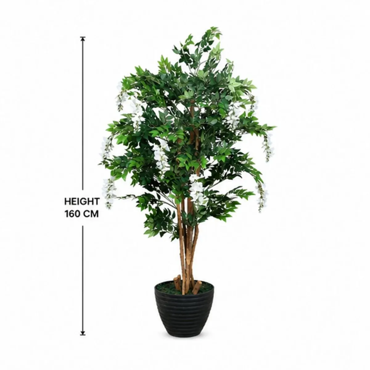 White artificial wisteria tree shown with a 160 cm height reference