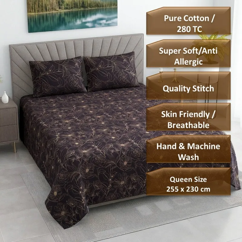 Dark purple floral bedsheet on a bed in a styled bedroom setting