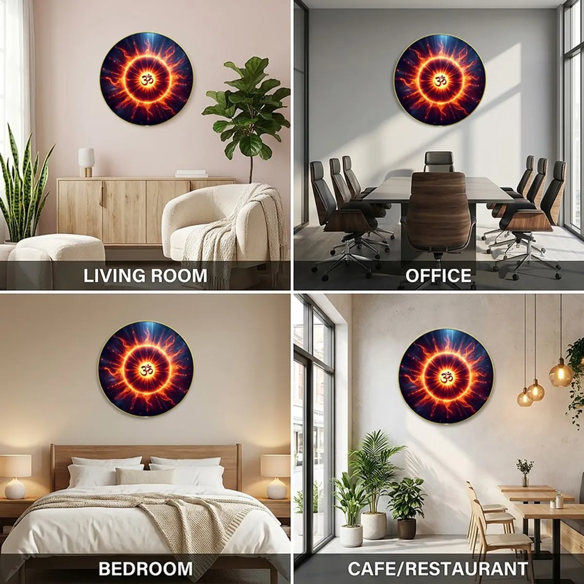Round Om wall art shown in living room, office, bedroom and cafe settings