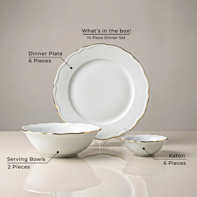 White porcelain plate and bowls with gold rim from the dinner set