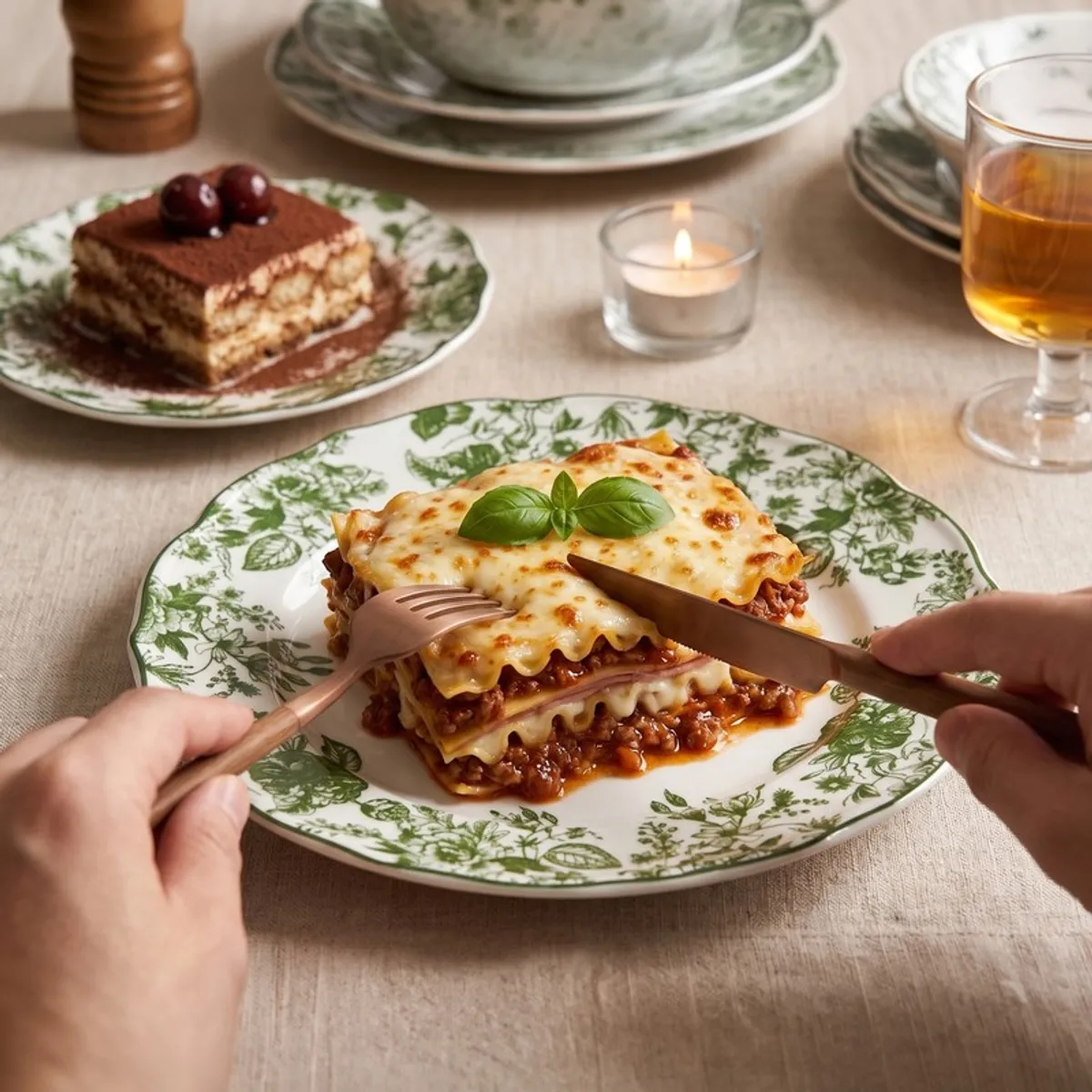 Green floral dinner plate with a serving of lasagne on a table setting