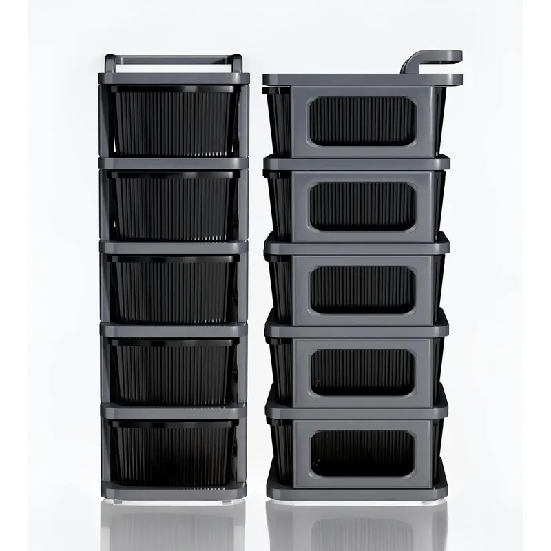 Front and side views of a black five-tier organiser rack with drawers.