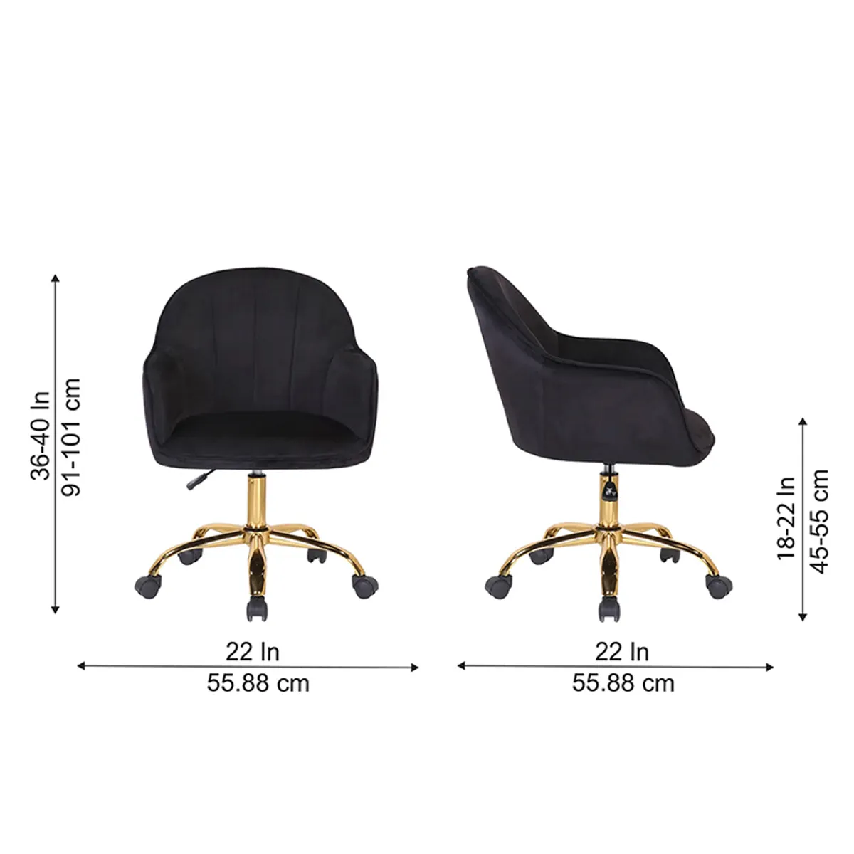 Black office chair dimensions shown from front and side views