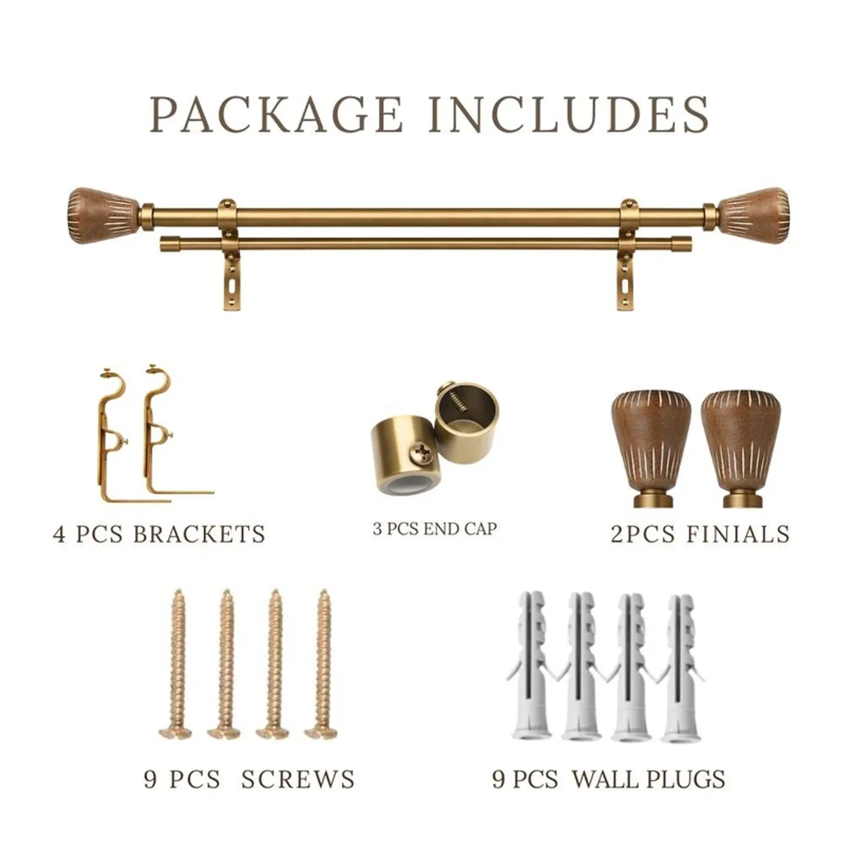 Double curtain rod set displayed with brackets, finials and hardware