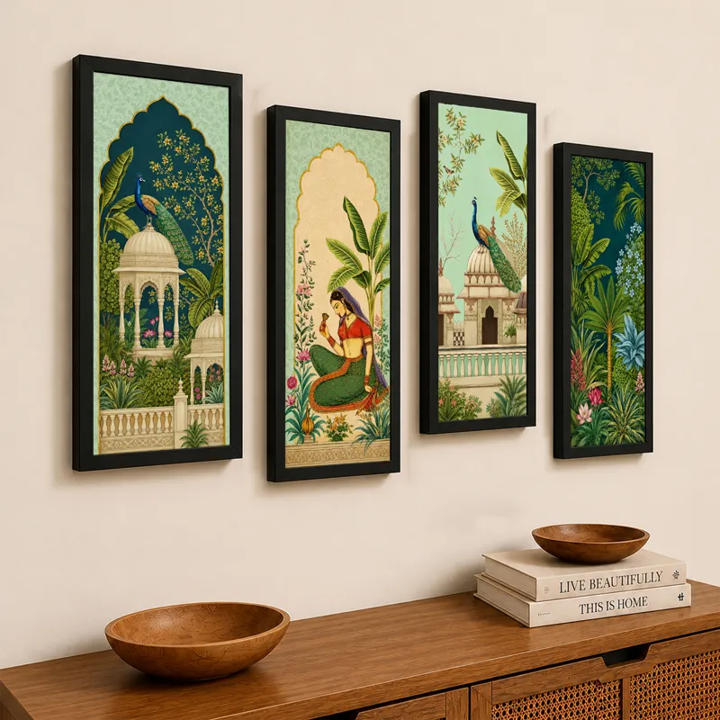 Set of four framed Mughal-inspired wall paintings styled above a wooden console.