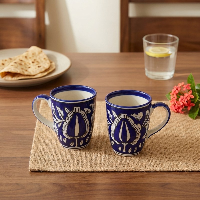 Warm Sips Ceramic Coffee Mugs (Blue & White/300 mL Each) - Set of Two - 300 mL