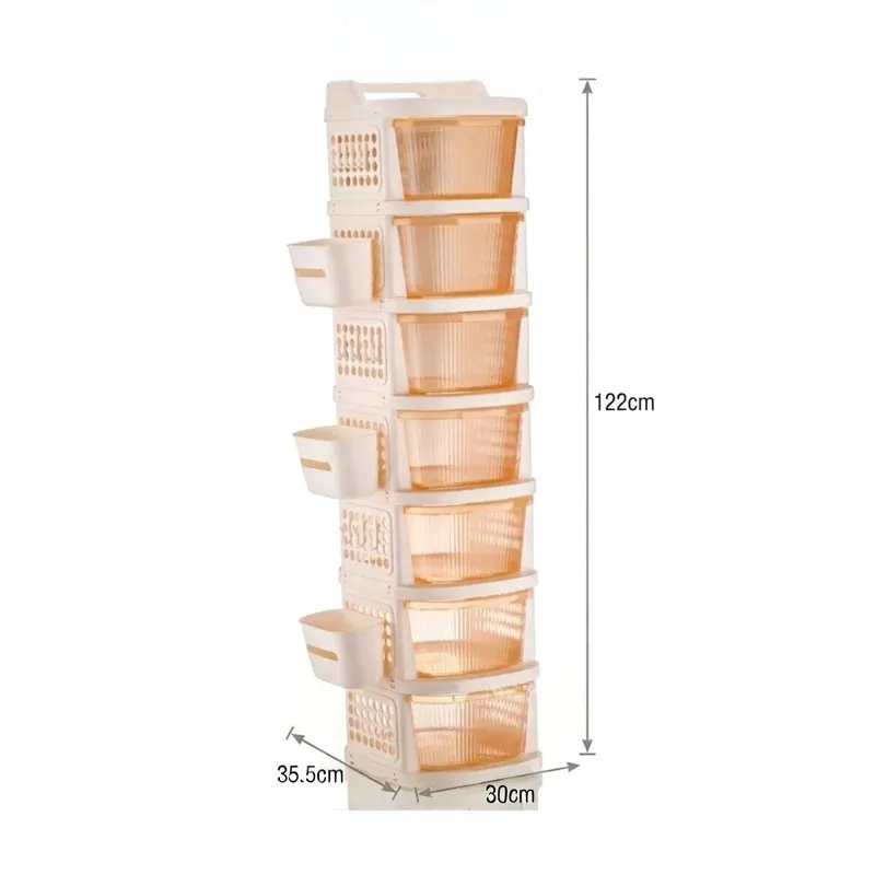 Ivory seven-tier rack shown with height and base dimensions
