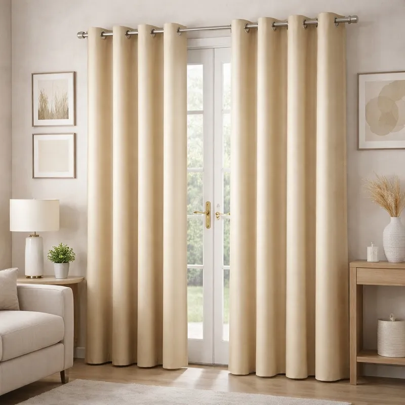 Beige full-length eyelet curtains styled over French doors