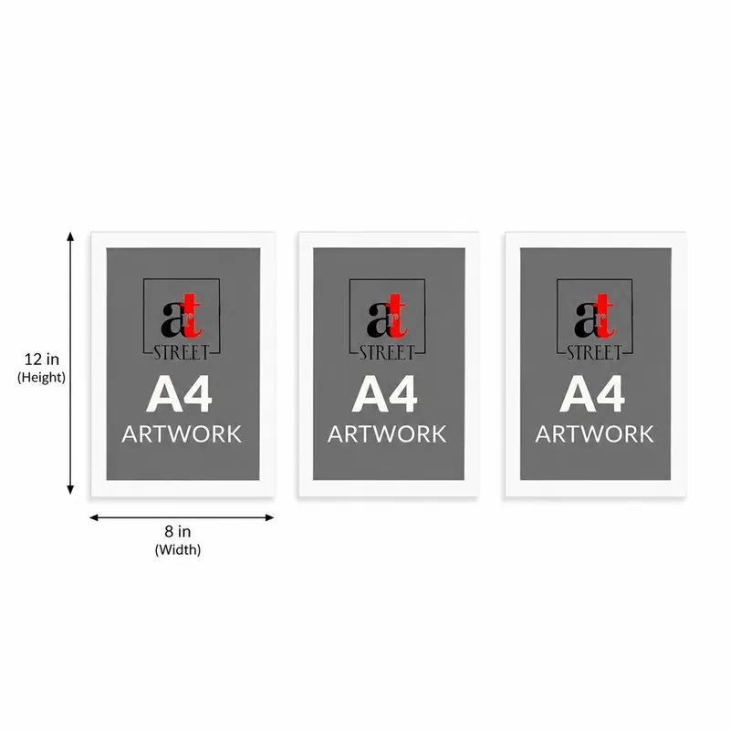 Three rectangular framed artworks displayed in a vertical layout