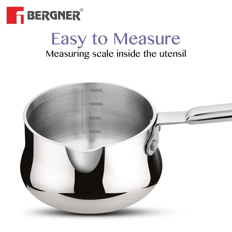 Glossy silver saucepan displayed with interior measuring markings