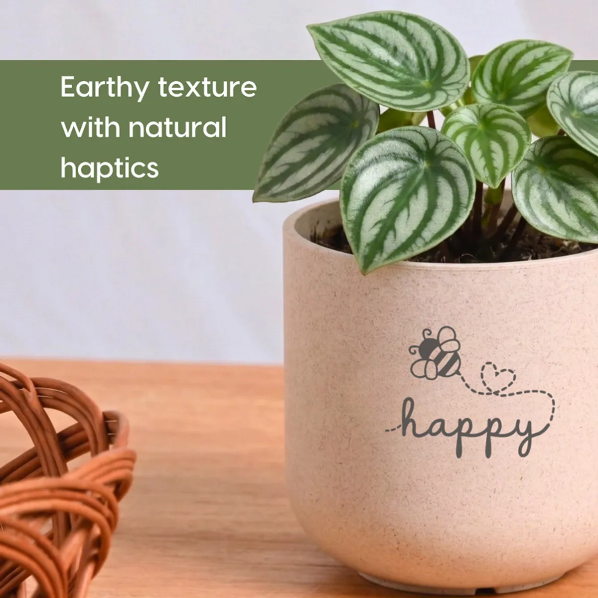 Close-up of a beige planter with leafy plant and subtle speckled texture