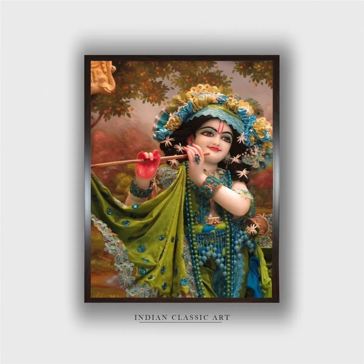 Rectangular framed painting of Lord Krishna playing the flute