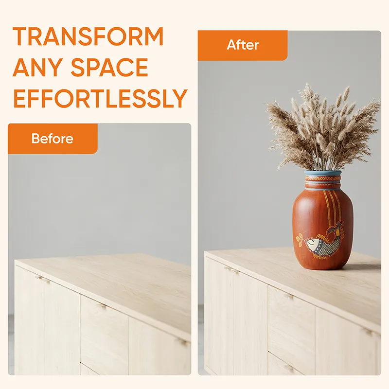 Before and after styled cabinet scene showing the vase with dried stems on the right.