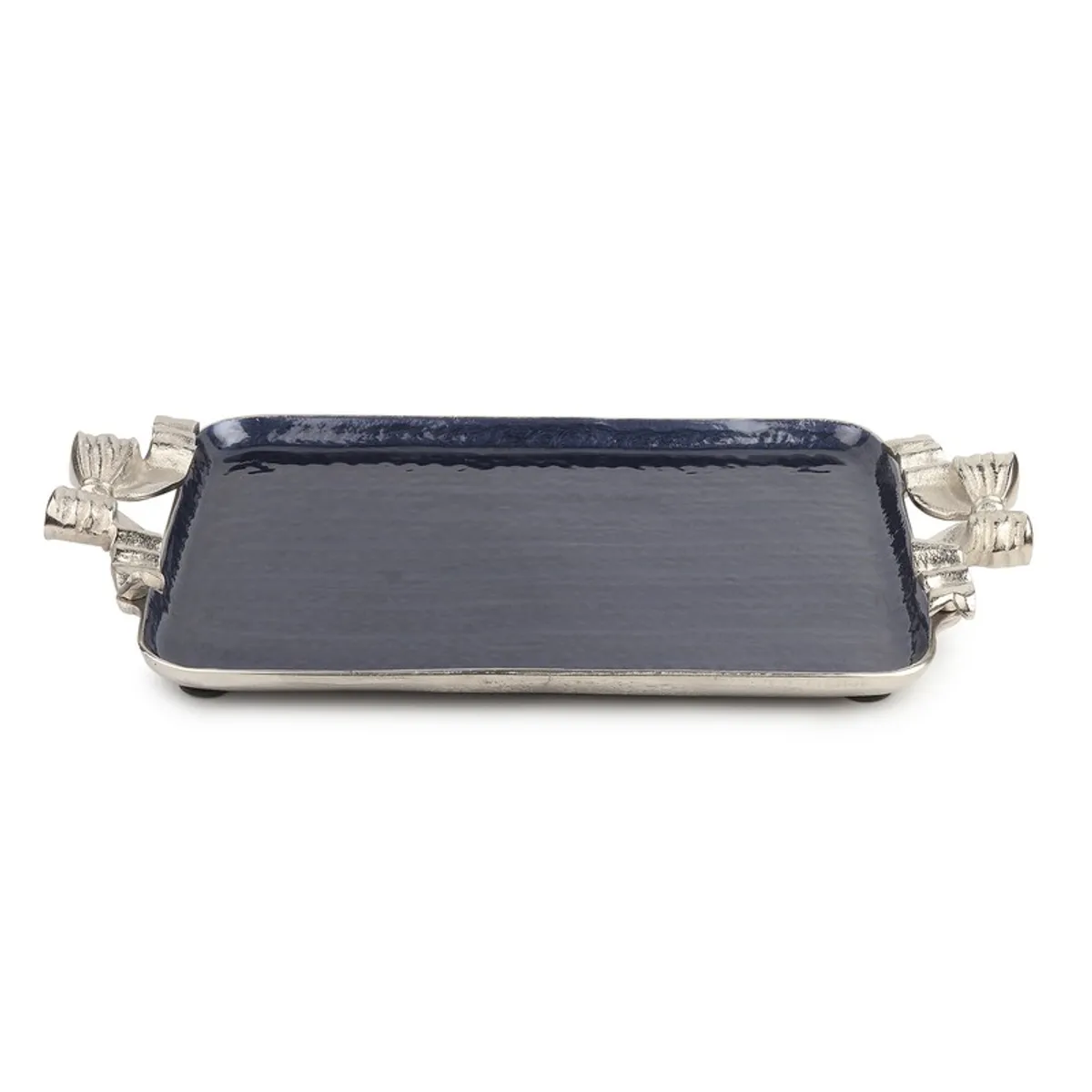 Front view of a blue enamel serving tray with a silver rim and sculpted bow handles