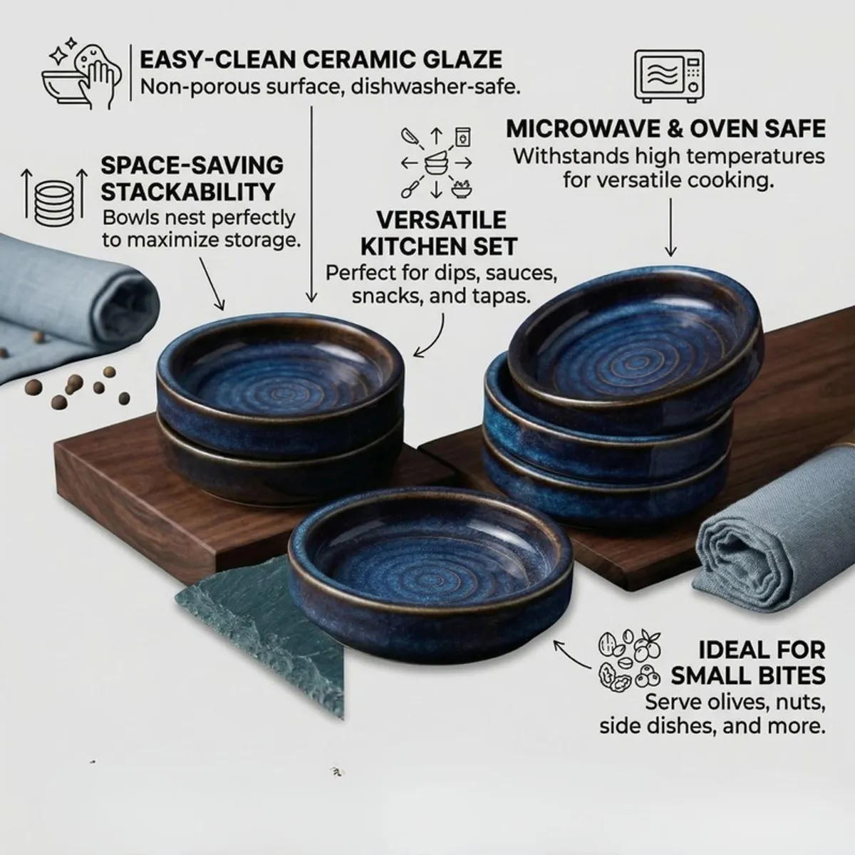 Blue ceramic dip bowls styled with printed feature graphics
