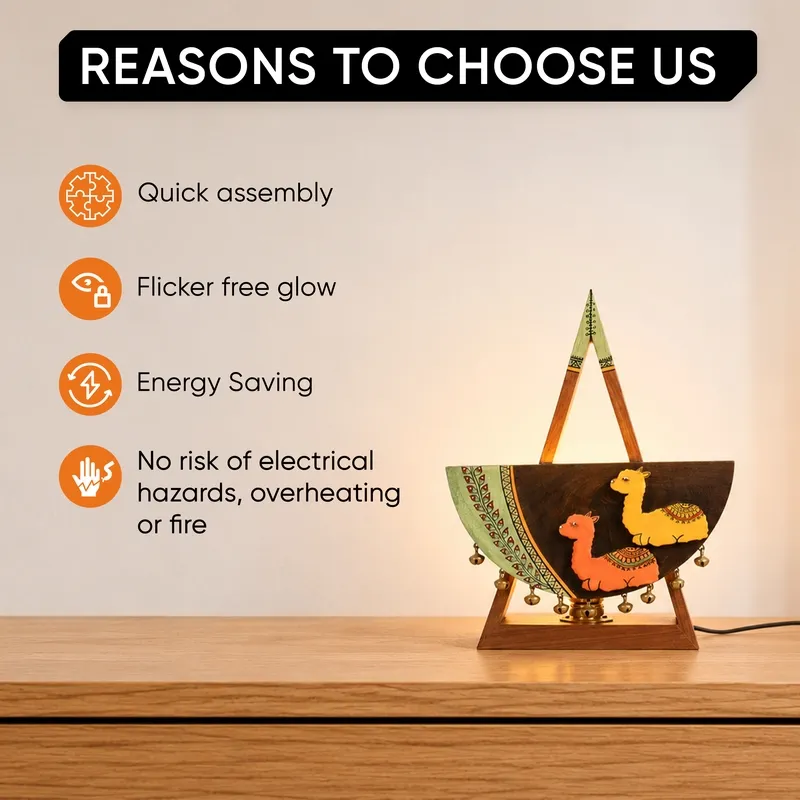 Lit wooden alpaca table lamp placed on a wooden surface