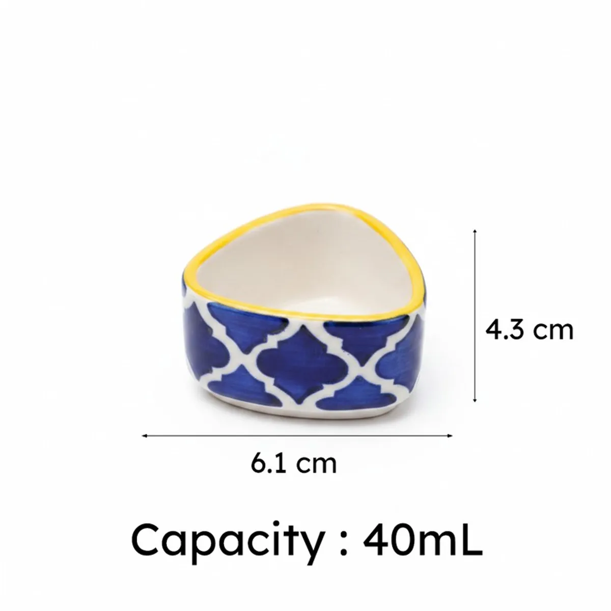Single blue and white patterned dip bowl shown with capacity graphic