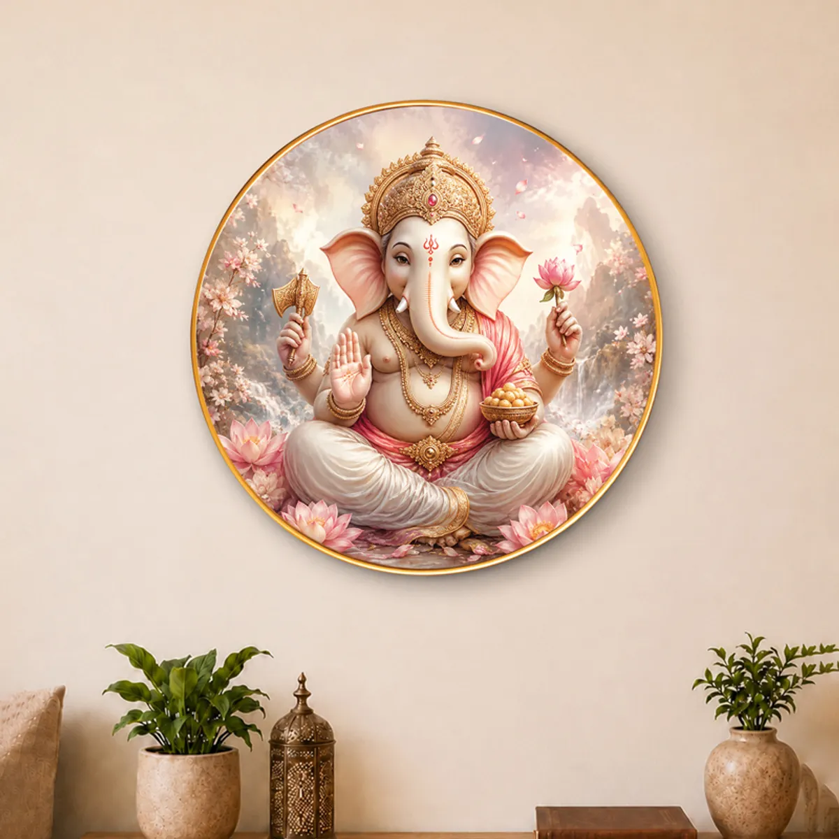 Round devotional wall art with Lord Ganesha and floral accents