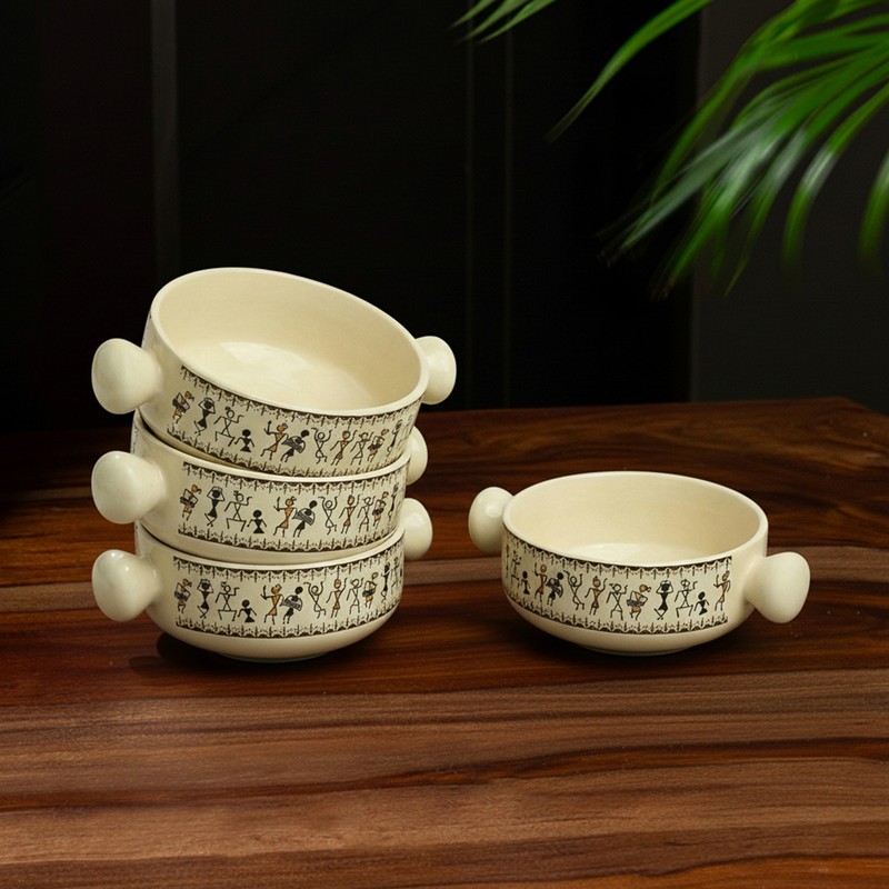 Whispers of Warli Ceramic Serving Bowls (400 mL Each) - Set of Four - 400 mL