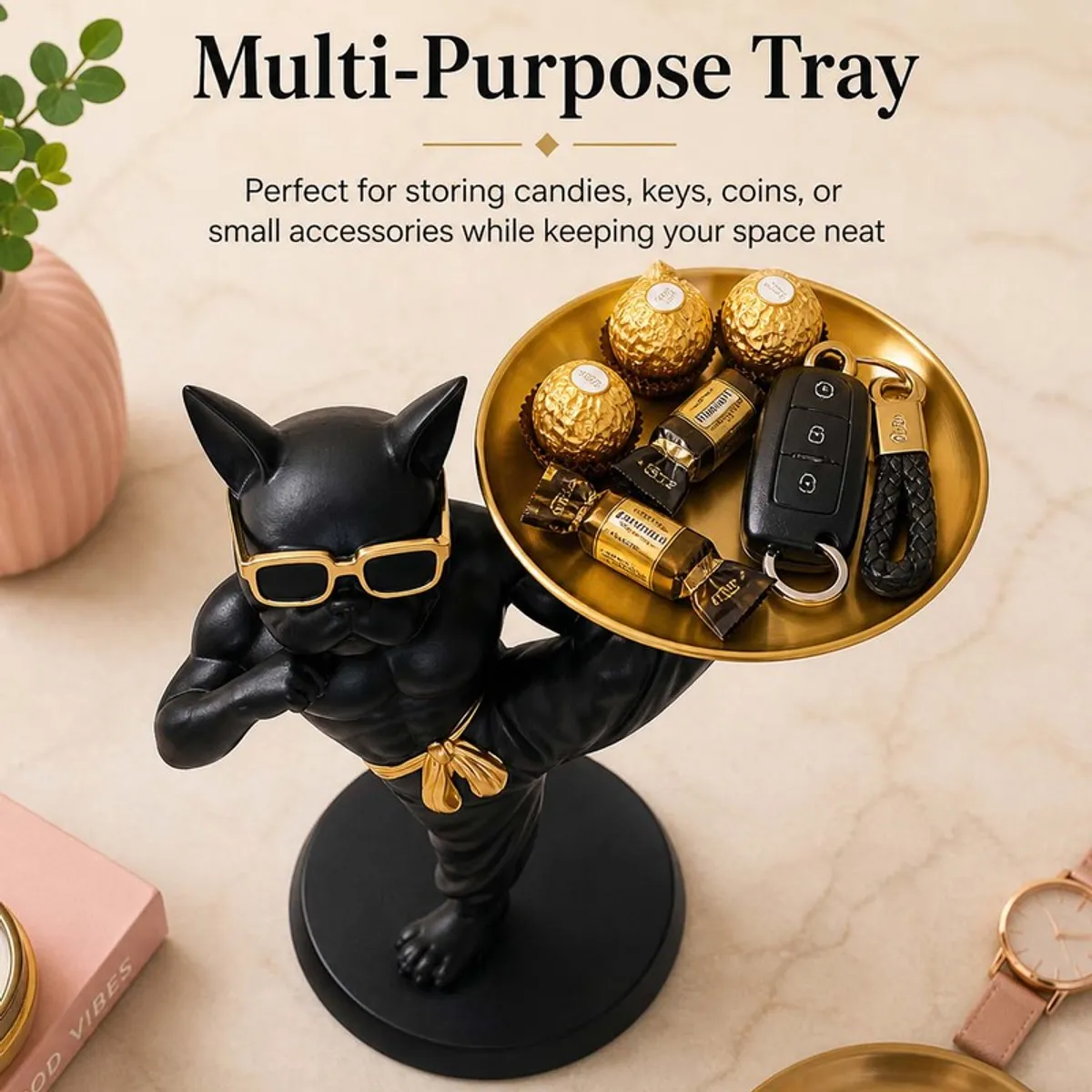 Bulldog accent tray holding keys, sweets and small accessories