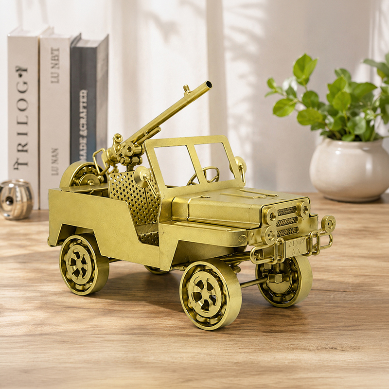 Golden Vintage Military Jeep Metal Showpiece - Gold