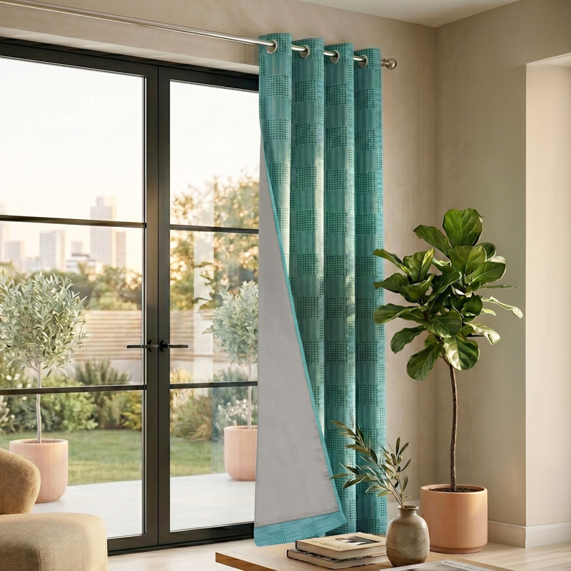 Meya Self Design Cotton Curtains With Lining - Green - Window - 5 Feet