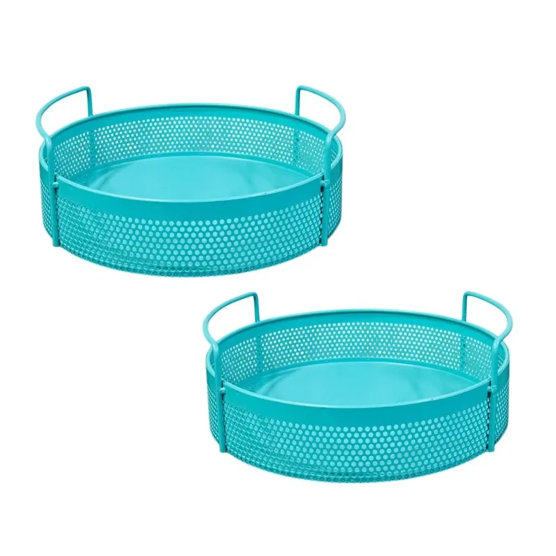 Set of two blue round metal storage baskets with side handles