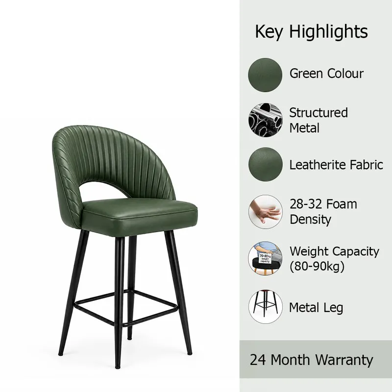 Dark green ribbed bar chair with black legs on a highlights graphic