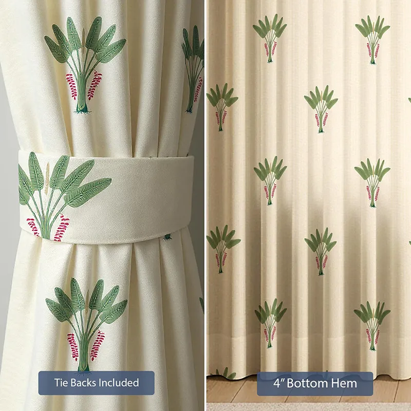 Close-up of printed curtain fabric with green palm motifs and tie-back styling