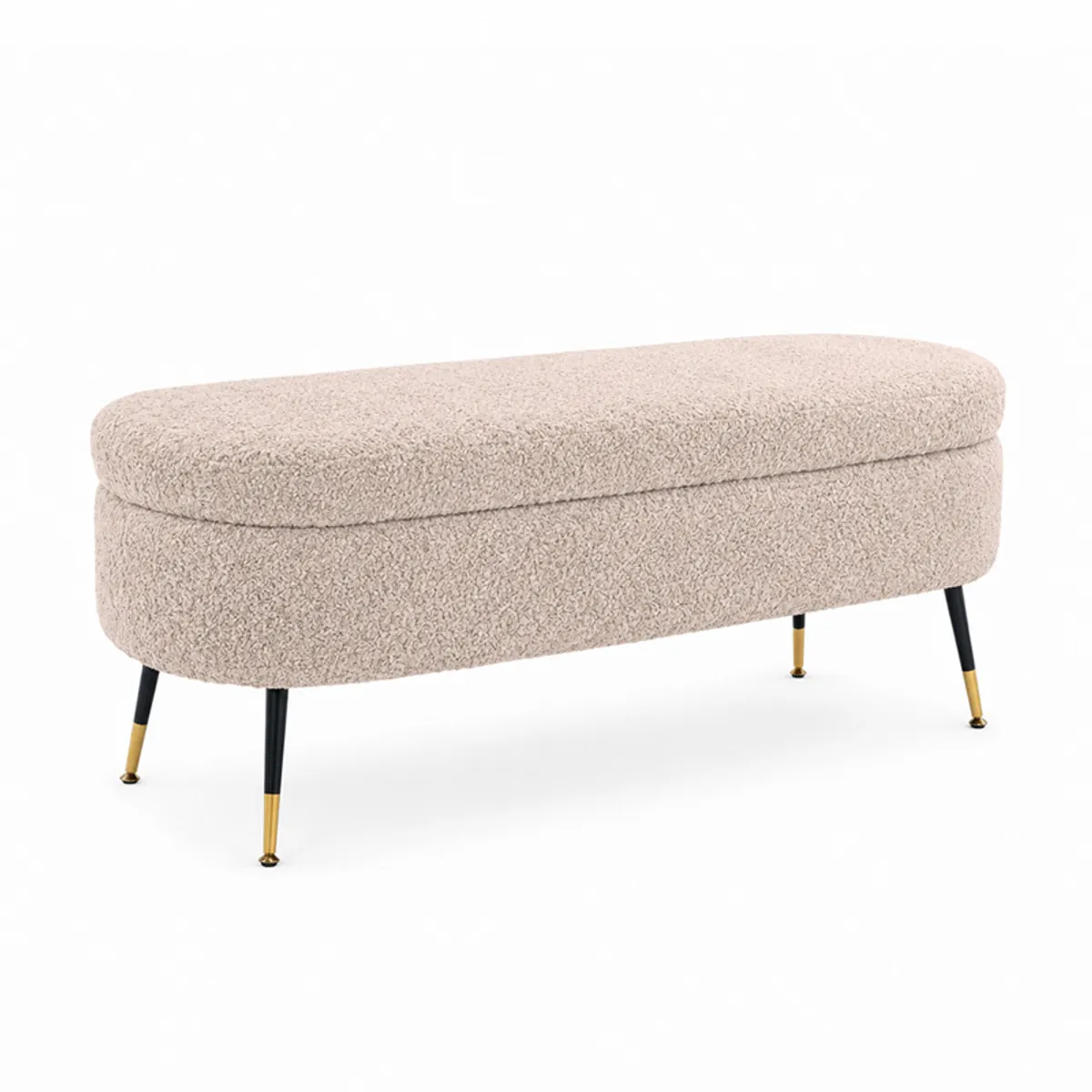 Angled view of a beige bouclé storage bench with a rounded silhouette
